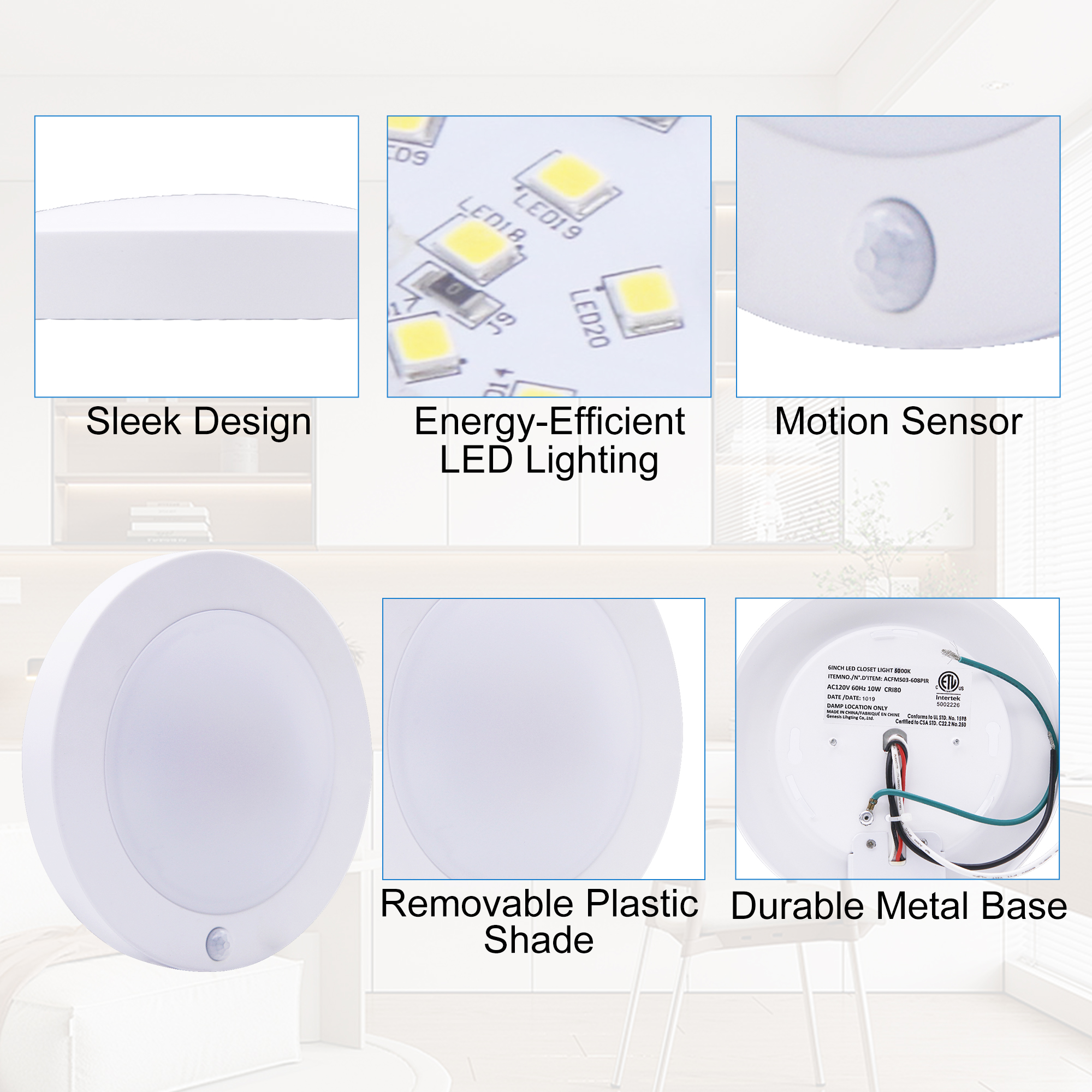 Ceiling Light 1 -Light 6.18-in White Integrated LED Flush Mount Light with Motion Sensor