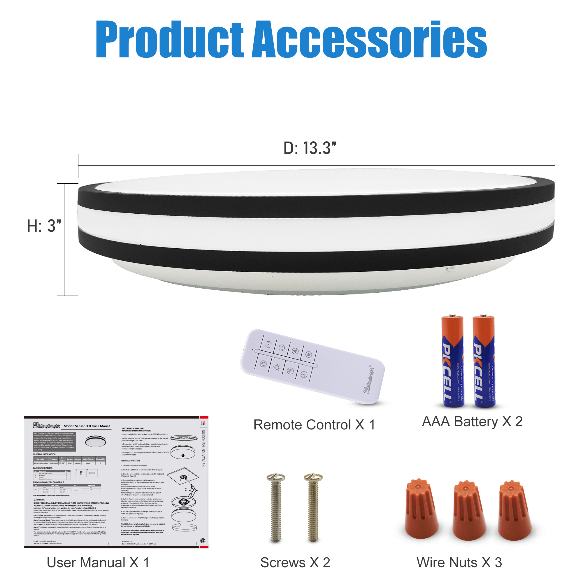 Ceiling Light 1 -Light 13.3-in Black Integrated LED Flush Mount Light with Motion Sensor