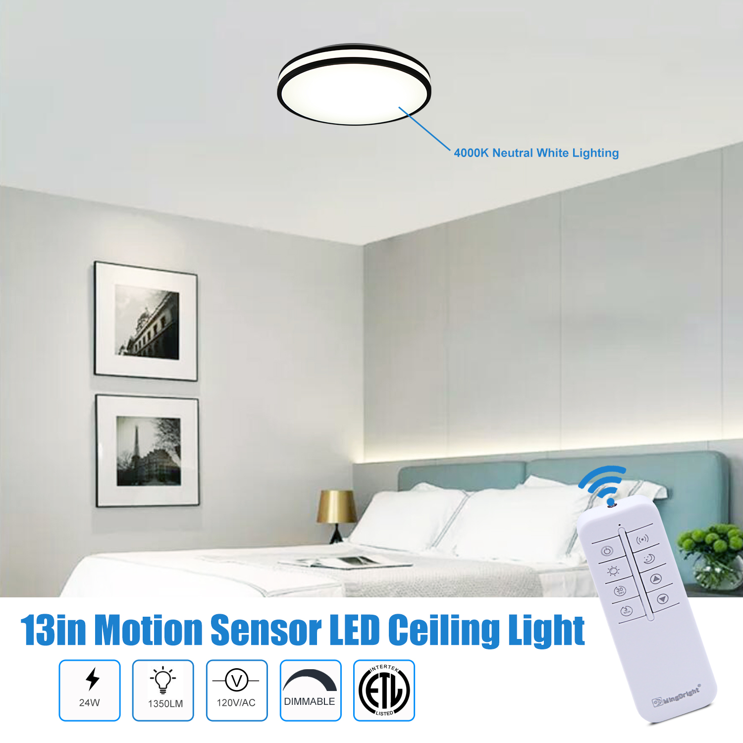Ceiling Light 1 -Light 13.3-in Black Integrated LED Flush Mount Light with Motion Sensor