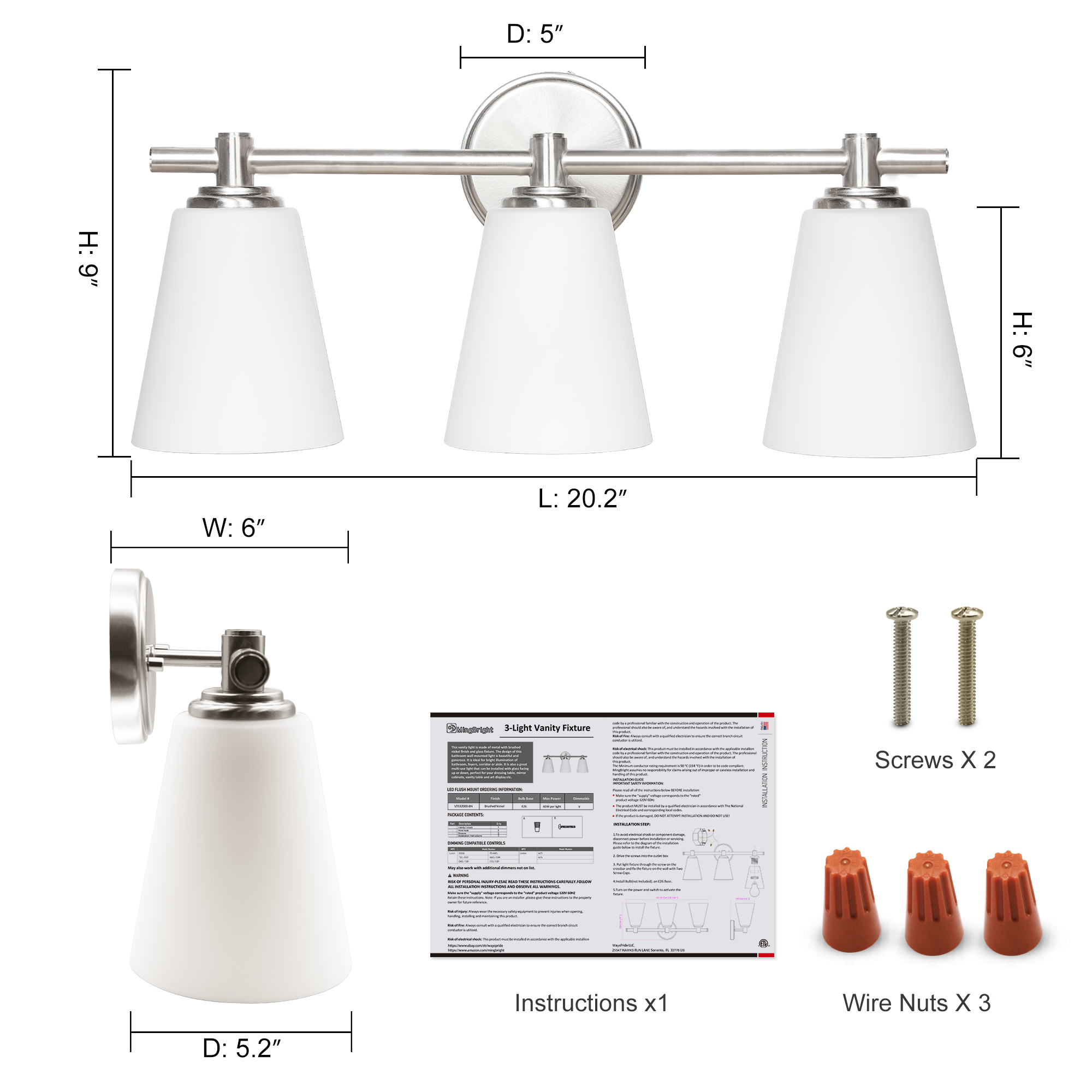 VT332000-BN - Vanity Lights For Bathroom 20.25-in 3 -Light Brushed Nickel Modern/contemporary Vanity light